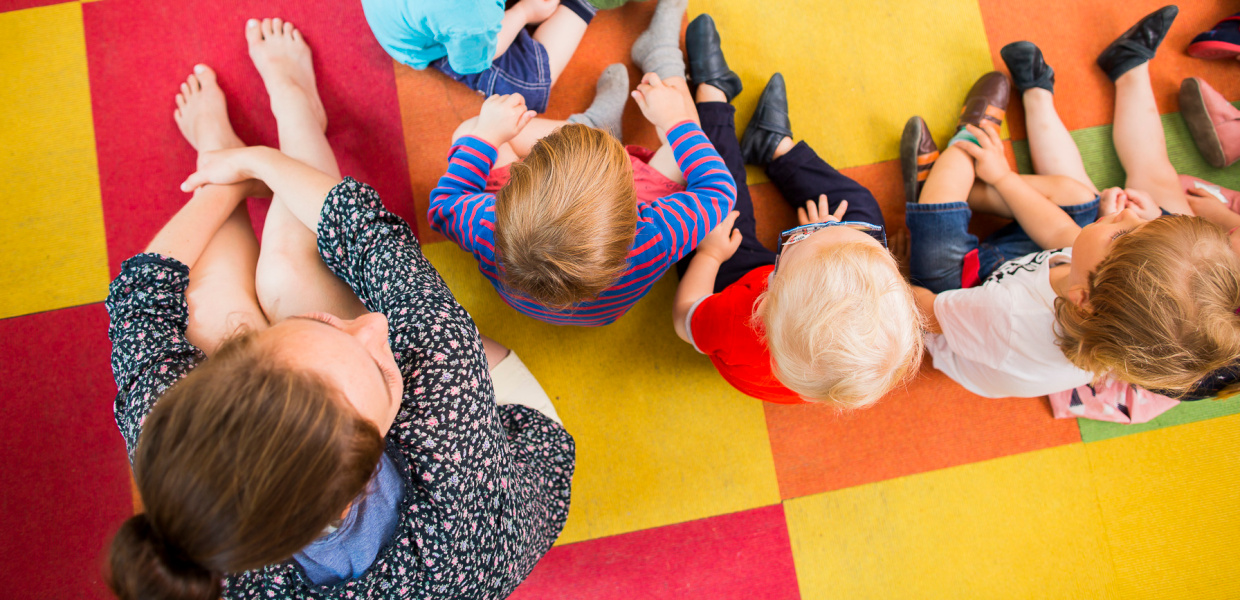 Mehrere Kinder sitzen in einem Sitzkreis auf einem bunten Teppich in der Kita "Blumenkinder" und die Erzieherin sitzt daneben - zu sehen aus der Vogelperspektive. Foto wurde verwendet für die Onlinemeldung zur Studie Ländermonitor frühkindliche Bildungssysteme 2017. Photo: © Jan Voth